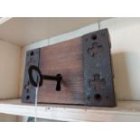 19th. C. wood and metal door lock with original key { 14cm H X 23cm W X 5cm D }.
