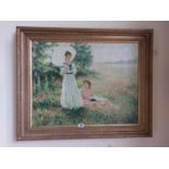 Good quality oeleograph The Ladies in the Poppy Field mounted in giltwood frame {93 cm H x 112 cm