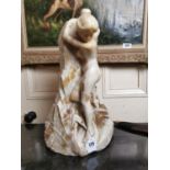 Early 20th C. carved alabaster statue of Lady on rock {52 cm H x 33 cm W x 22 cm D}.