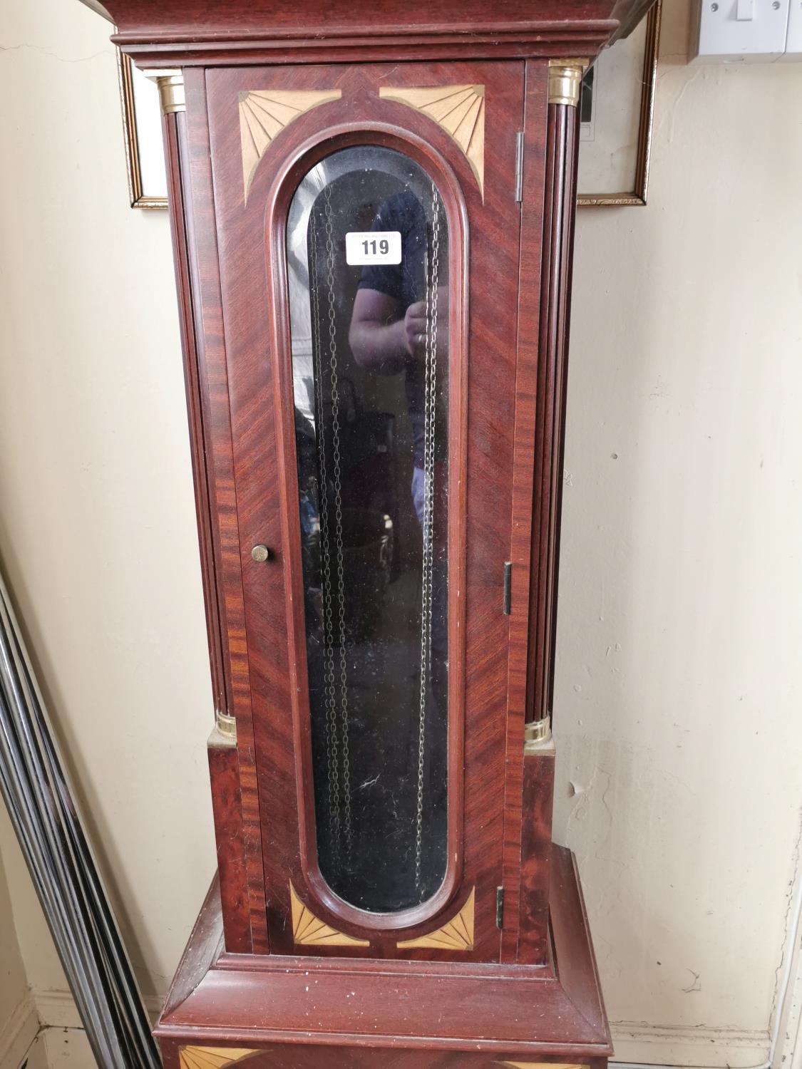 Exceptional quality inlaid mahogany and brass long cased clock with silvered brass rolling moon - Bild 6 aus 6