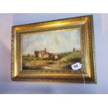 19th C. Rural Village Scene oil on canvas mounted in gilt frame {39 cm H x 55 cm W}.