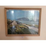 Coloured print West of Ireland scene mounted in wooden frame {39 cm H x 52 cm W}.