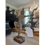 Brass Oriental figure of Lord Rama mounted on a wooden plinth { 27cm H X 19cm W X 5cm D }.