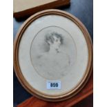 19th. C. Young Lady pencil drawing mounted in a noval gilt frame { 33cm H X 29cm W }.