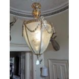 Good quality gilded brass hall lantern with etched brass panels {96 cm H x 44 cm Dia.}.