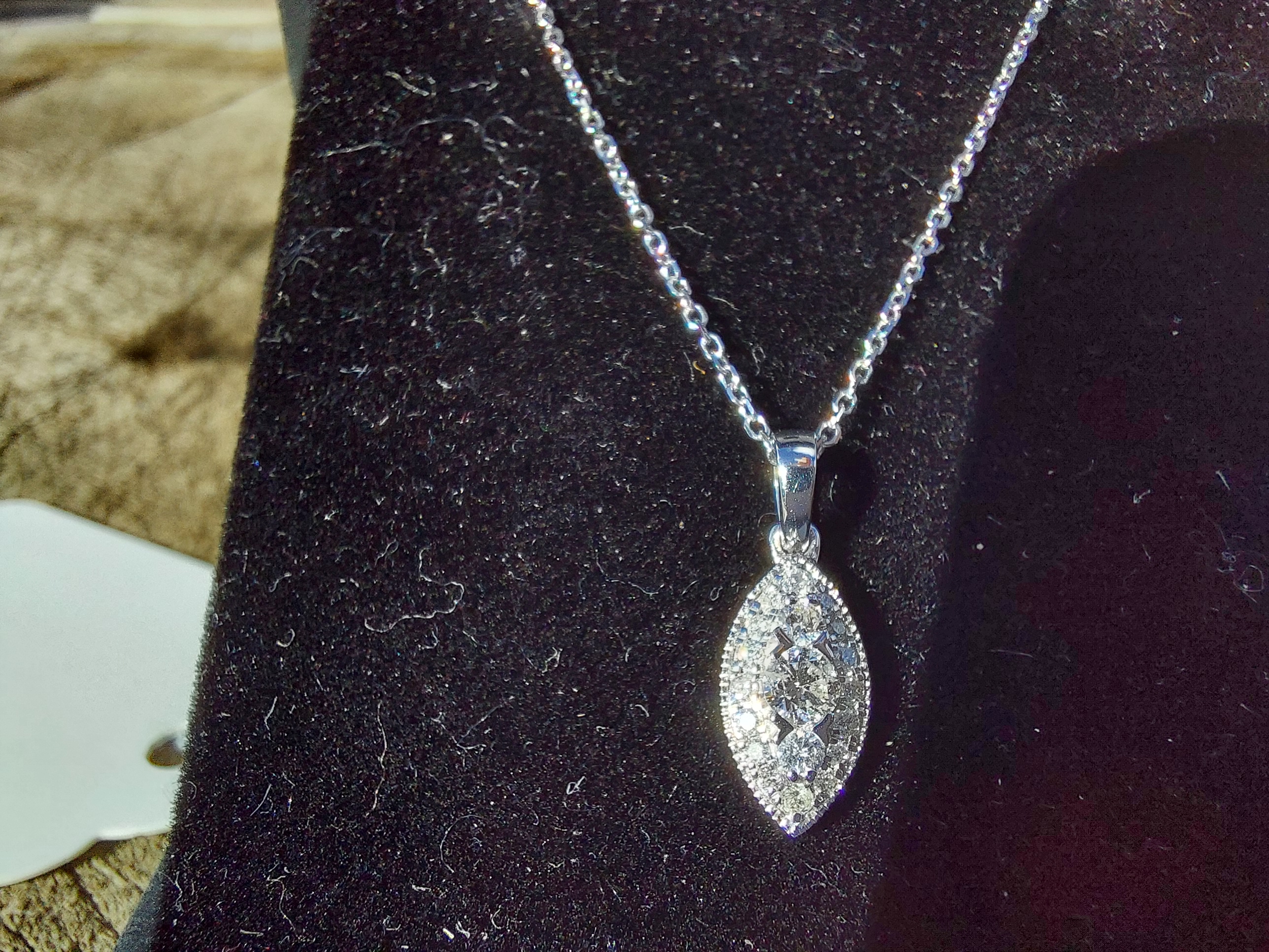 18ct. white gold diamond pendant necklace on gold chain.