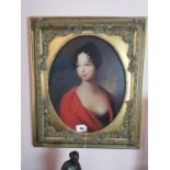 Oleograph portrait of a Young Lady mounted in decorative gilt frame {66 cm H x 56 cm W}.