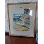 J. R. Wright Coastal Scene watercolour mounted in painted wooden frame {71 cm H x 57 cm W}.