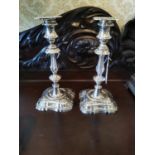 Pair of 19th. C. silver candlesticks stamped circa 1898 {25 cm H x 12 cm W x 12 cm D}.