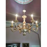 Good quality gilded and hand painted six branch chandelier in the Rocco style {90 cm H x 73 cm