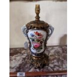Good quality 19th C. French hand painted ceramic and gilded brass table lamp {40 cm H x 22 cm W x 22