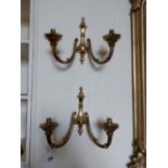 Good quality set of four brass two branch wall lights { 34cm H X 40cm W X 18cm D }.