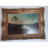 19th. C. River Scene oil on canvas mounted in giltwood frame {73 cm H x 97 cm W}.