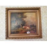 19th. C. Cattle Resting Oil on Board mounted in giltwood frame { 63cm H X 72cm W }.