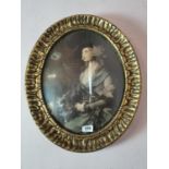 Decorative gilt oval framed print of a Lady {60 cm H x 48 cm W}.