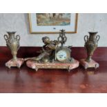 19th C. three piece gilded metal garniture clock set summounted with Musician mounted on marble base