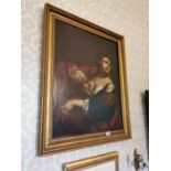 19th C. oil on canvas of Lady and Gentleman mounted in giltwood frame {108 cm H x 88 cm W}.