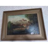 19th. C. Rural Scene Oil on Canvas mounted in a gilt frame { 73cm H X 100cm W }.