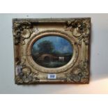 19th C. River Scene oil on board mounted in giltwood frame {36 cm H x 42 cm W}.