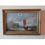 19th. C. Watercolour Sailing Boat at Shore mounted in gilt frame { 35cm H X 53cm W }.
