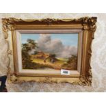 19th C. oil on board Rural scene mounted in giltwood frame {40 cm H x 32 cm W}.