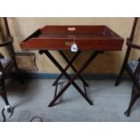 19th. C. mahogany butlers' tray on stand { 85cm H X 75cm W X 49cm D }.