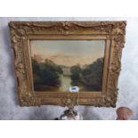 19th C. oil on canvas River and woodland scene mouted in giltwood frame {45 cm H x 55 cm W}.
