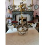 Good quality 19th C. French gilded brass three branch chandelier with etched glass shades {87 cm x