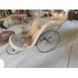 19th. C. Metal and wicker bath chair the wicker in need of restoration { 76cm H X 59cm W X 150cm D }