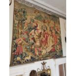 Good quality Flemish tapestry depicting Hunting scenes {218 cm H x 252 cm W}.