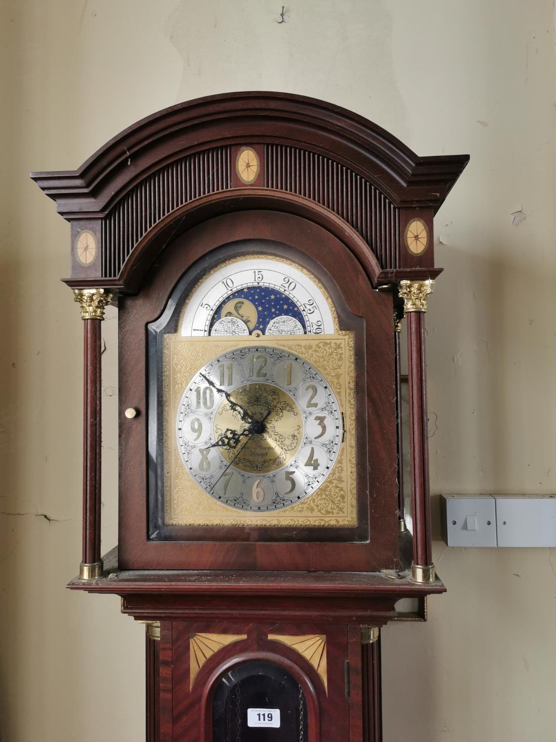 Exceptional quality inlaid mahogany and brass long cased clock with silvered brass rolling moon - Bild 4 aus 6