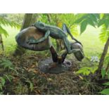 Exceptional quality bronze sculture of Frog jumping the lily pads {52 cm H x 80 cm W x 40 cm D}.
