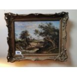 19th C. River Scene oil on canvas mounted in giltwood frame {42 cm H x 52 cm W}.