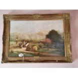 19th C. Garden Scene oil on canvas mounted in decorative gilt frame {63 cm H x 90 cm W}.