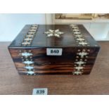 19th. C. cormandel wood jewellery box decorated with brass and bone insets { 13cm H X 28cm W X