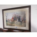 19th. C. Hunting Scene coloured print mounted in an oak frame { 50cm H X 66cm W }.
