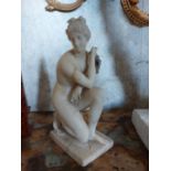 19th. C. Grand Tour marble figurine Crouching Venus. { 32cm H X 12cm W X 17cm D }.
