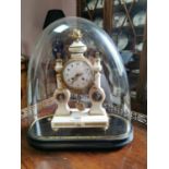 French white marble and gilded brass clock in glass dome {48 cm H x 43 cm W x 17 cm D}.