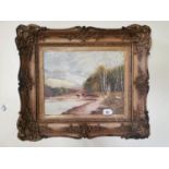 A Murphy Rural Scene Oil on Board mounted in a gilt frame { 64cm H X 74cm W }.