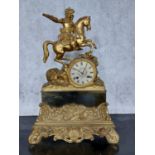 Early 19th. C. gilded brass mantle clock surmounted by King William on his Horse, the base decorated