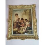 19th C. Children Playing oil on canvas mounted in decorative gilt frame {80 cm H x 64 cm W}.