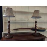 Pair of decorative bed side lamps with cloth shades. { 53cm H X 20cm Dia }.