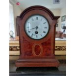 Edwardian oak and walnut mantle clock with enamel dial {28 cm H x 21 cm W x 12 cm D}.