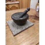 Marble pestle and mortar { 8cm H X 15cm Dia }and granite stand.