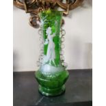 19th C. Mary Gregory hand painted green glass vase {26 cm H x 12 cm Dia.}.