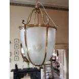 Good quality gilded brass hall lantern with etched brass panels {100 cm H x 54 cm Dia.}.