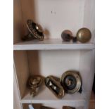 Collection of four 19th. C. decorative brass room bell pulls and two brass door knobs.