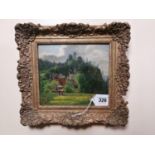 19th C. oil on canvas Mountain Scene oil on canvasmounted in decorative giltwood frame {30 cm H x 33