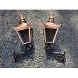 Pair of metal and copper wall lanterns { 58cm H X 26cm W }.