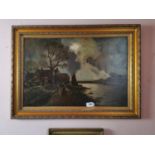 19th C. oil on canvas Moonlight River scene signed James Giliams mounted in gilt frame {64 cm H x 91